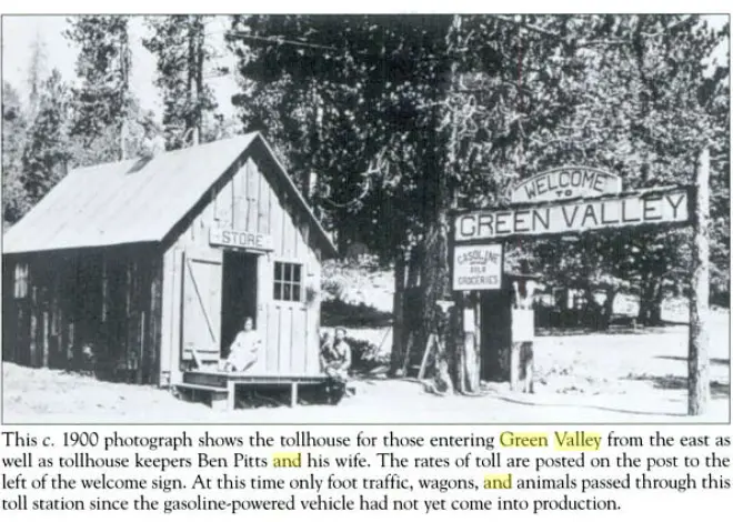 Ben Pitts and his wife at the Green Valley tollhouse circa 1900